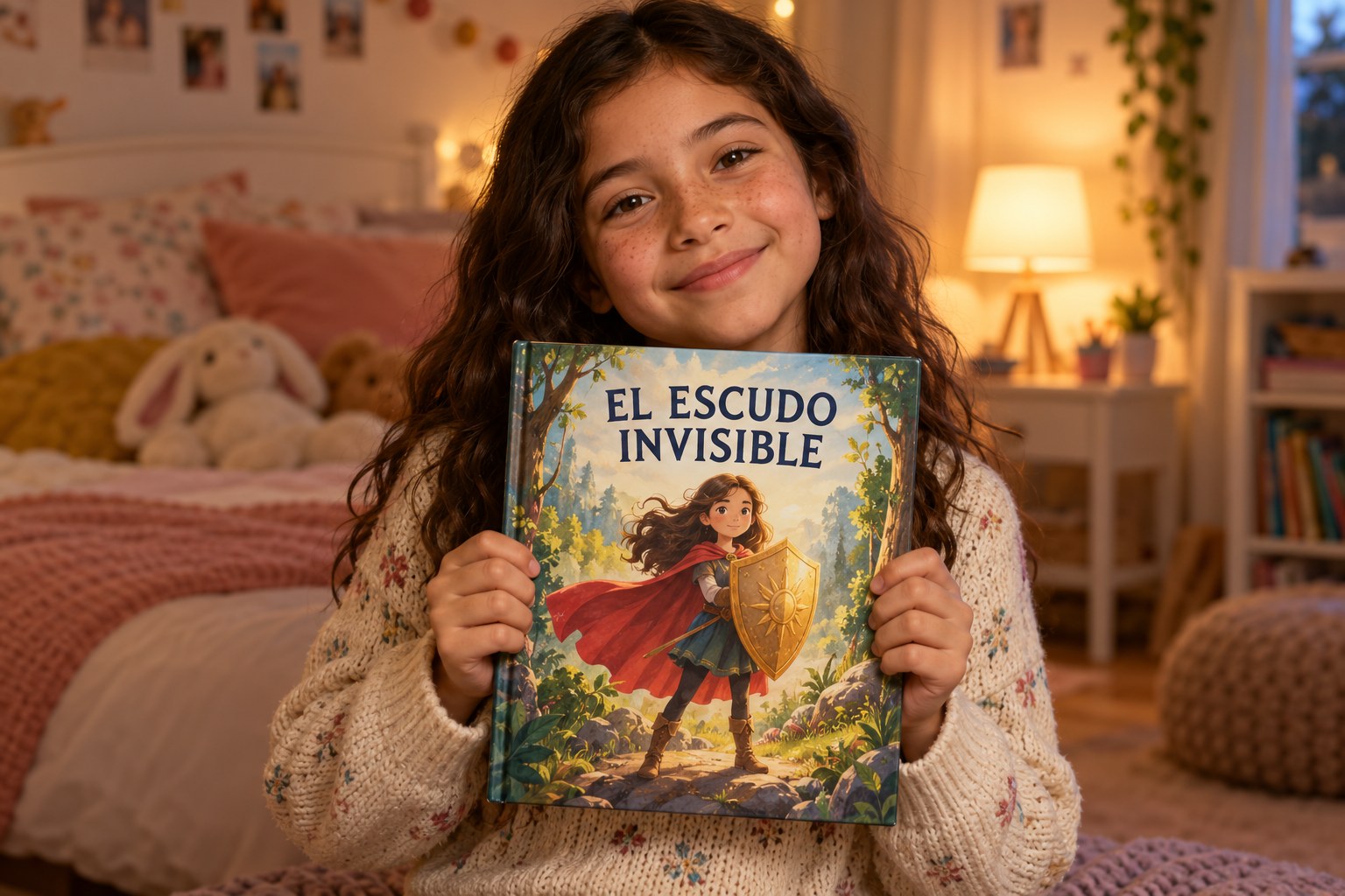Una niña sosteniendo el libro El Escudo Invisible